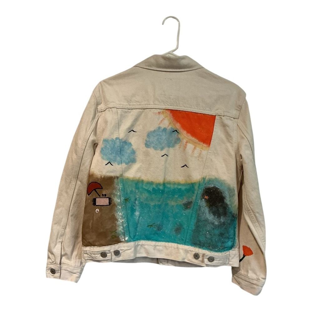 Levi’s Custom Hand Painted Denim Jacket Size S Cream Off-White One of a Kind Art - Picture 2 of 9